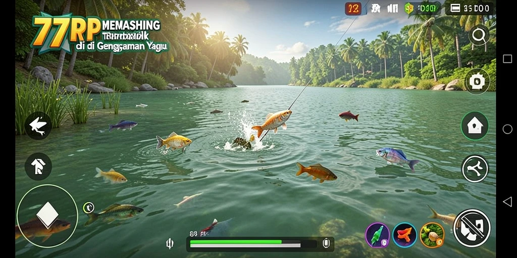 Tampilan gameplay seru dalam 77RP menampilkan aksi memancing yang mendebarkan.
