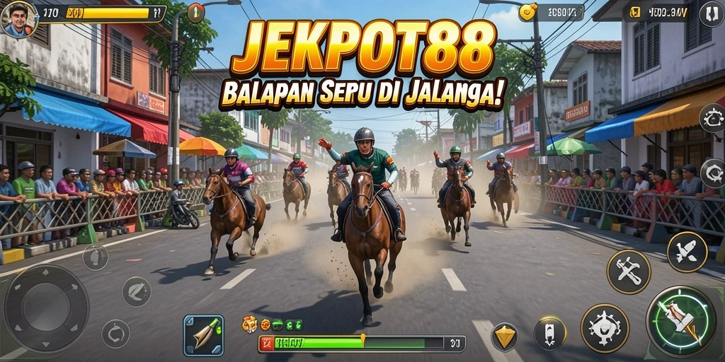Tampilan utama gameplay JEKPOT88 dengan balapan seru dan mobil kencang.