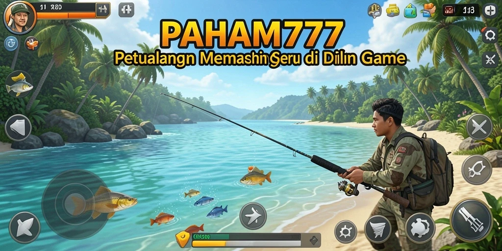 Tampilan gameplay Fishing di PAHAM777 dengan berbagai ikan dan alat pancing.