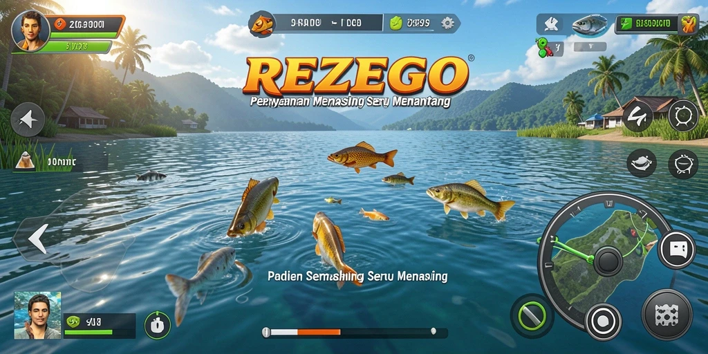 Tampilan gameplay REZEGO yang menampilkan petualangan memancing seru.