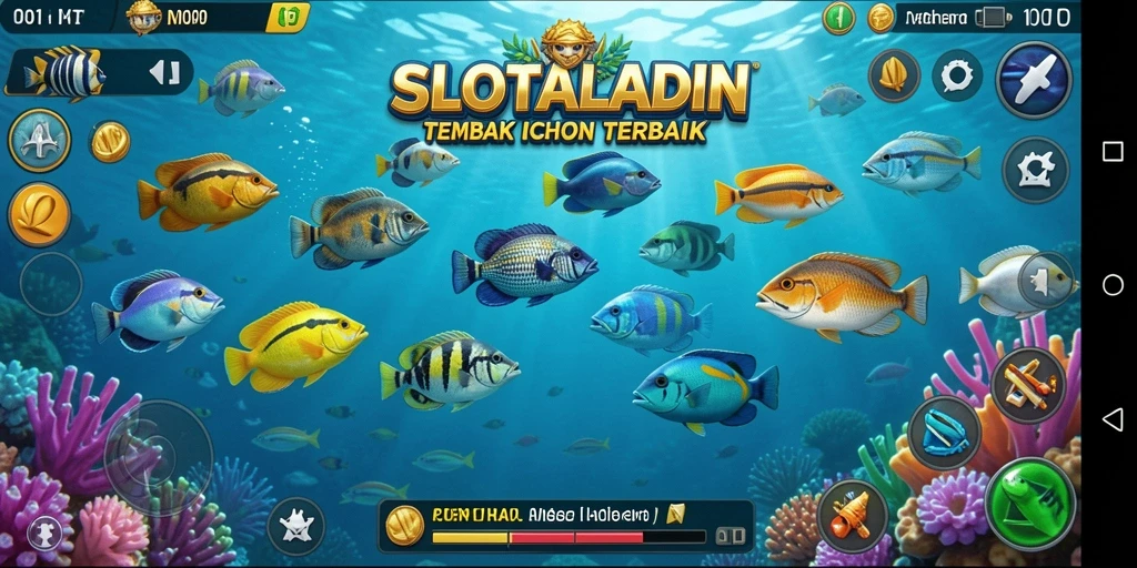 Tampilan gameplay seru di SLOTALADIN dengan berbagai ikan menarik.