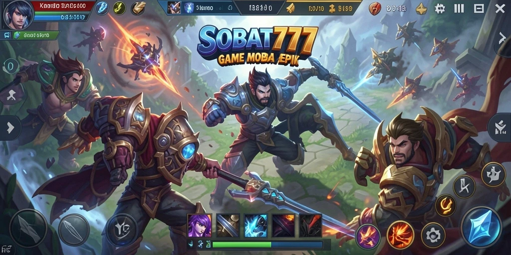 Screenshot utama menunjukkan aksi intens dalam pertarungan MOBA.